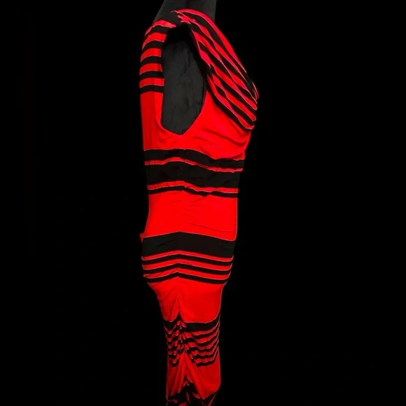INC body con red and black knee length striped dress in size Large. Like new - Picture 3 of 7